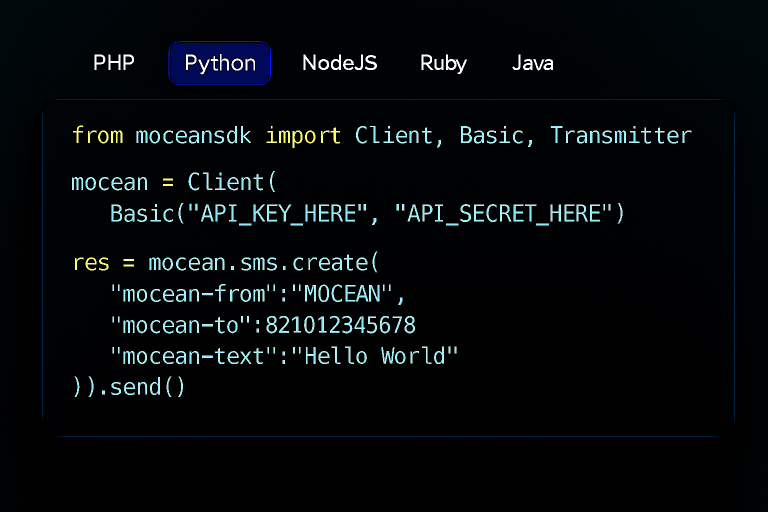 Python code example using MoceanAPI’s SMS API to send real-time messages