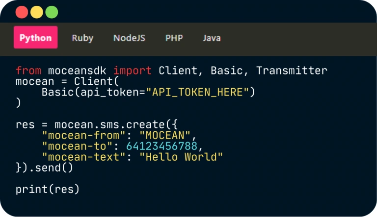 Python code example using MoceanAPI’s SMS API to send real-time messages